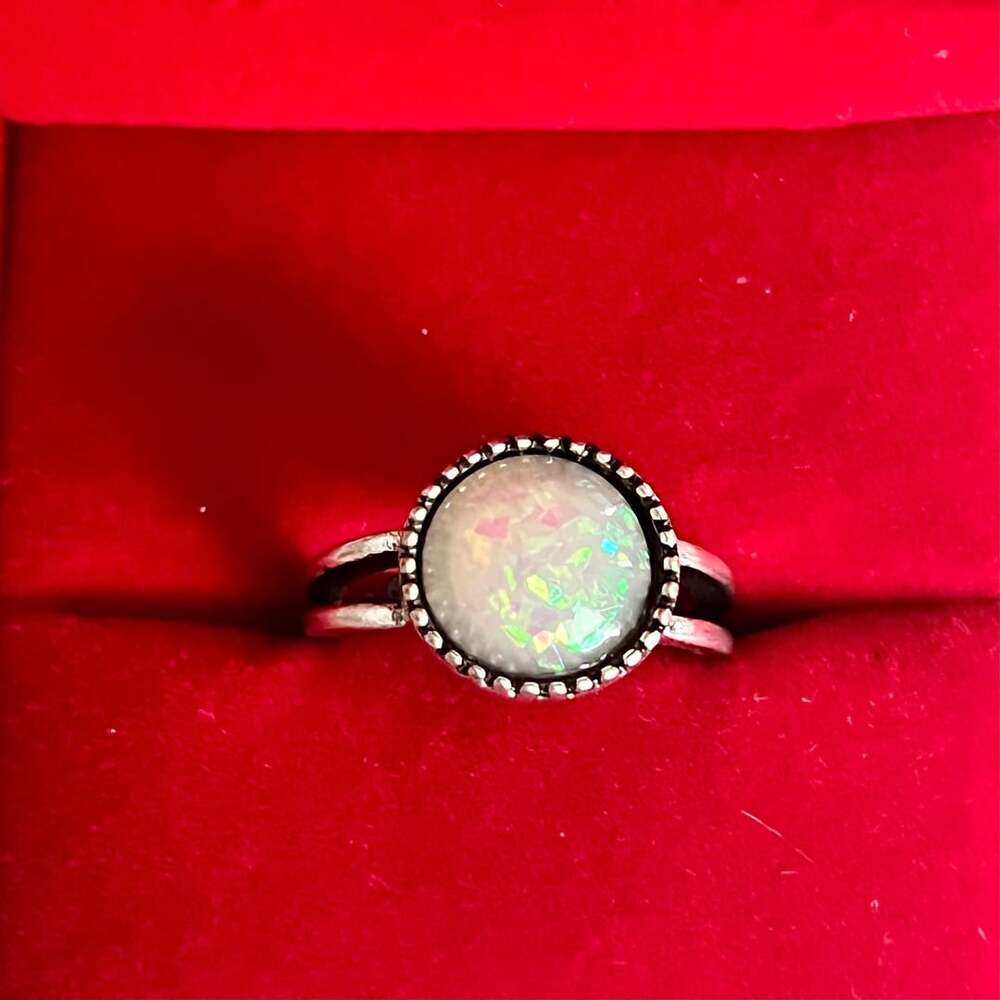 Silver Tone White Lab Opal Round Statement Ring Size 6